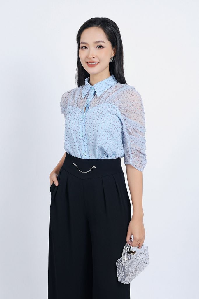 FQD51128 - Quần công sở vải tuyp xy dáng suông ống rộng phối ly bong tạo kiểu eo phối dây xích trang trí - PANTIO
