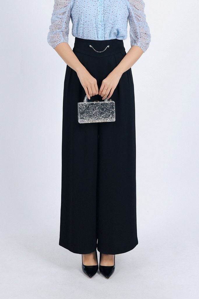 FQD51128 - Quần công sở vải tuyp xy dáng suông ống rộng phối ly bong tạo kiểu eo phối dây xích trang trí - PANTIO