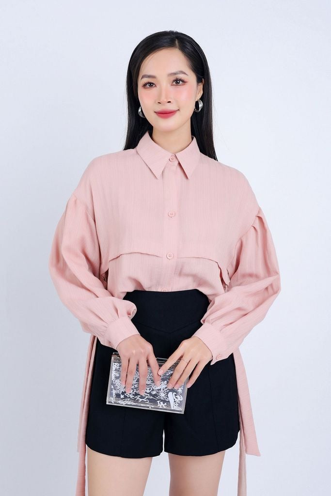 FAK51375 - Áo kiểu công sở vải thô đũi dáng suông cổ đức vạt đuôi tôm hông phối dây vải trang trí - PANTIO