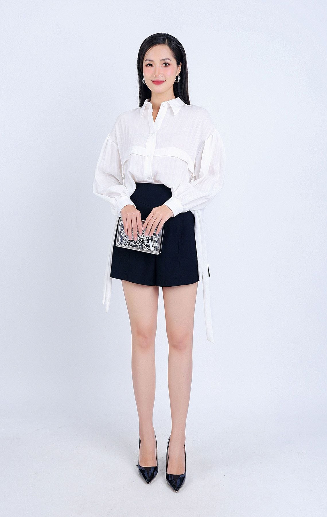 FAK51375 - Áo kiểu công sở vải thô đũi dáng suông cổ đức vạt đuôi tôm hông phối dây vải trang trí - PANTIO