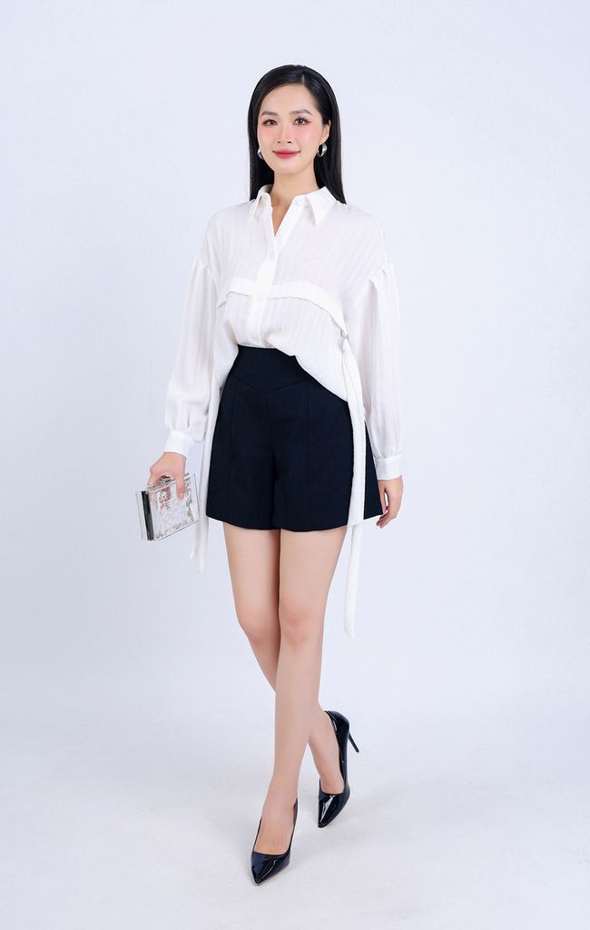 FAK51375 - Áo kiểu công sở vải thô đũi dáng suông cổ đức vạt đuôi tôm hông phối dây vải trang trí - PANTIO