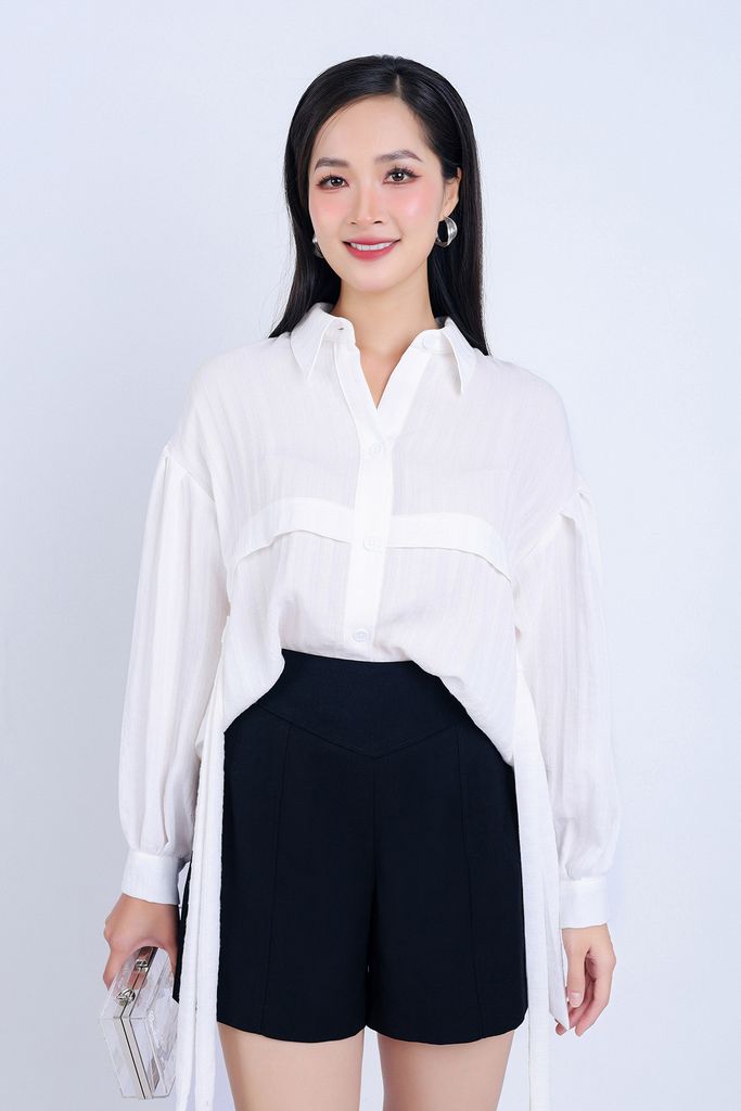 FAK51375 - Áo kiểu công sở vải thô đũi dáng suông cổ đức vạt đuôi tôm hông phối dây vải trang trí - PANTIO