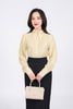 FAK51382 - Áo sơ mi kiểu công sở vải tơ dáng suông cổ đức tay dài phối măng séc ngực áo hoạ tiết xếp ly tạo kiểu - PANTIO
