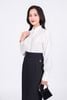 FAK51382 - Áo sơ mi kiểu công sở vải tơ dáng suông cổ đức tay dài phối măng séc ngực áo hoạ tiết xếp ly tạo kiểu - PANTIO