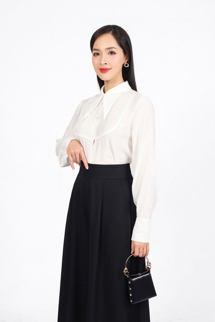 FQD51155 - Quần công sở vải tuyp xy dáng suông ống rộng cạp phối ly bong tạo xoè khóa thân sau - PANTIO