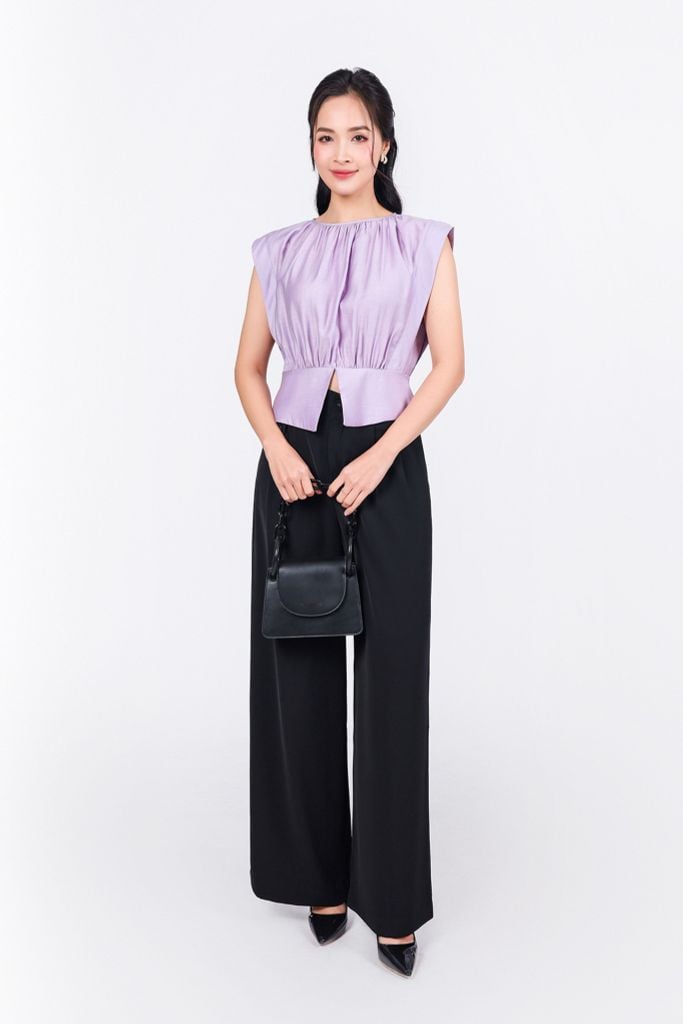 FAK51398 - Áo kiểu công sở vải tơ dáng lửng cổ tròn vai chờm gấu áo xẻ tạo kiểu - PANTIO