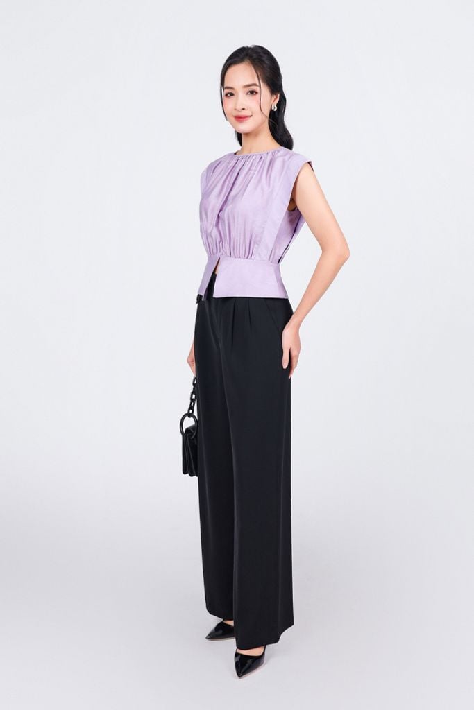 FAK51398 - Áo kiểu công sở vải tơ dáng lửng cổ tròn vai chờm gấu áo xẻ tạo kiểu - PANTIO