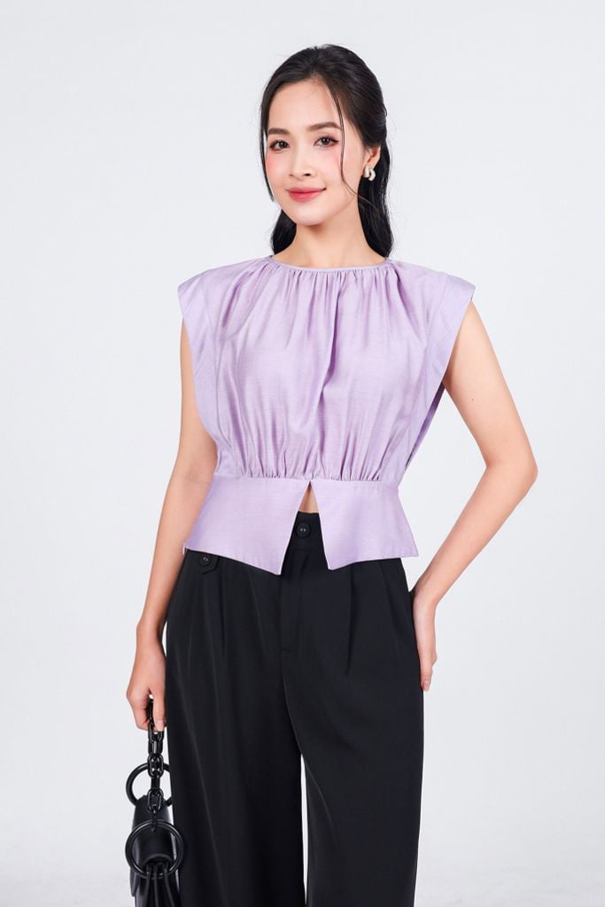 FAK51398 - Áo kiểu công sở vải tơ dáng lửng cổ tròn vai chờm gấu áo xẻ tạo kiểu - PANTIO