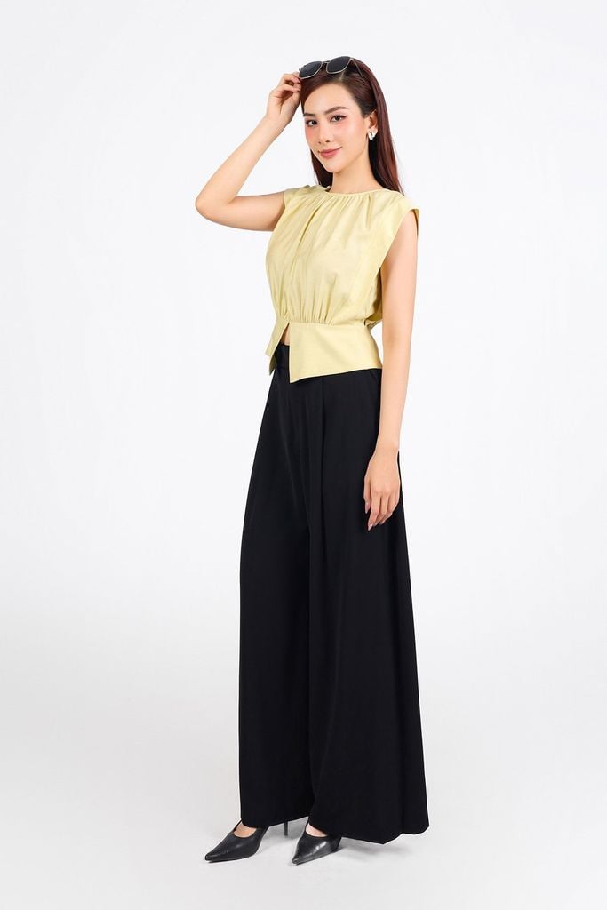 FQD51089 - Quần dài công sở vải tuyp xy dáng suông ống rộng cạp phối ly bung tạo xoè khoá thân trước - PANTIO