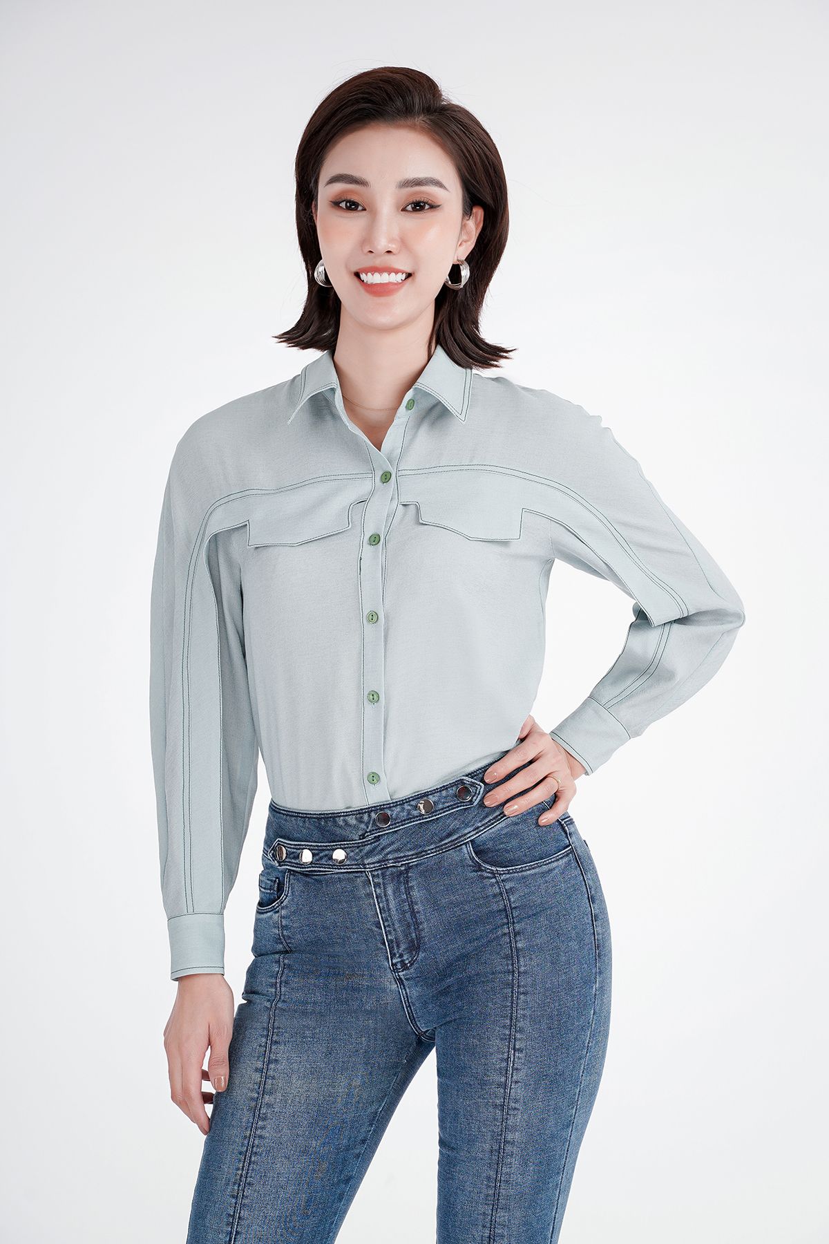 Áo sơ mi cổ đức chất liệu tằm cát nắp túi FAK71167 - PANTIO