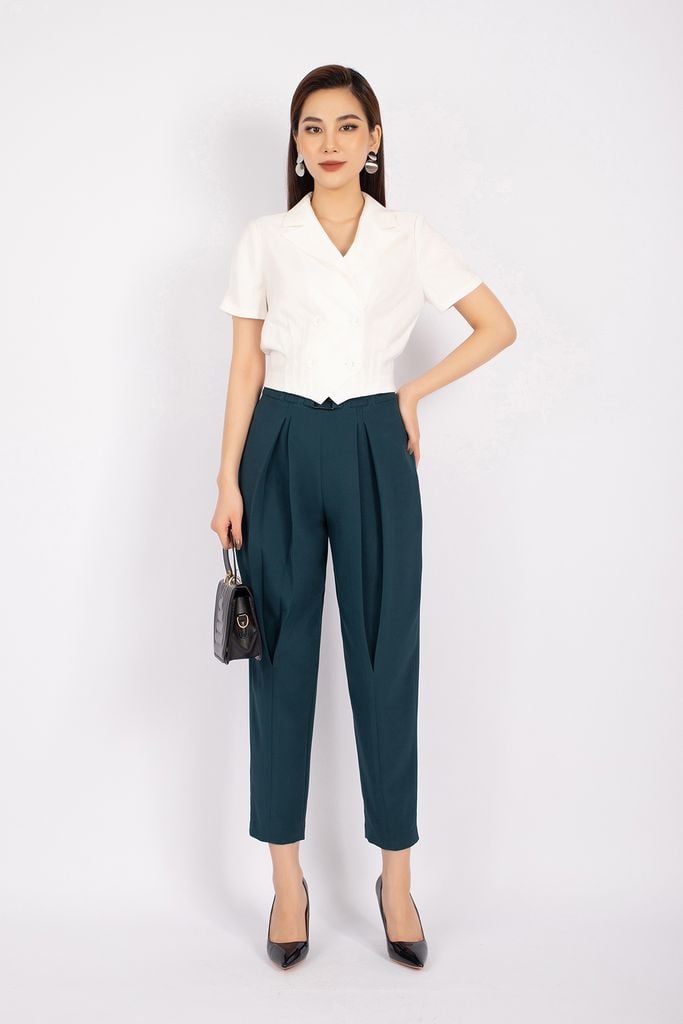 FAK71229 - Áo kiểu công sở vải thô dáng croptop cổ hai ve eo xếp ly cài cúc bọc - PANTIO