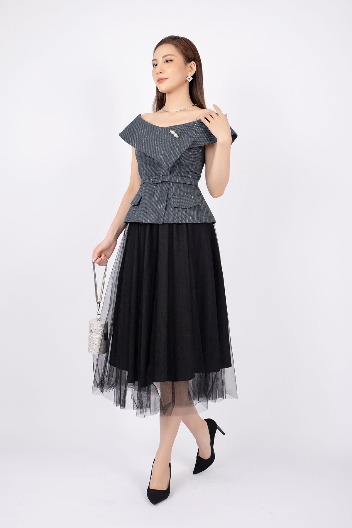 FJD71011 - Chân váy midi vải ren dáng Xoè hai lớp lót lụa cạp bo chun - PANTIO