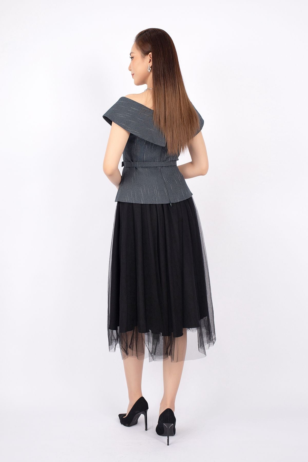 FJD71011 - Chân váy midi vải ren dáng Xoè hai lớp lót lụa cạp bo chun - PANTIO