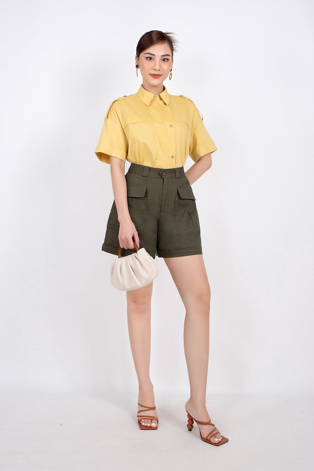 FAK71243 - Áo sơ mi kiểu công sở vải thô dáng suông pha đai cầu vai tay chờm ống rộng - PANTIO