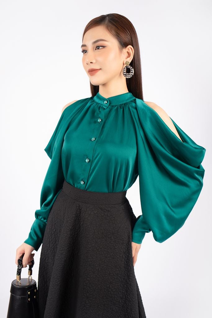 FAK71245 - Áo kiểu công sở vải lụa dáng suông cổ xếp nhún tay cut- PANTIO