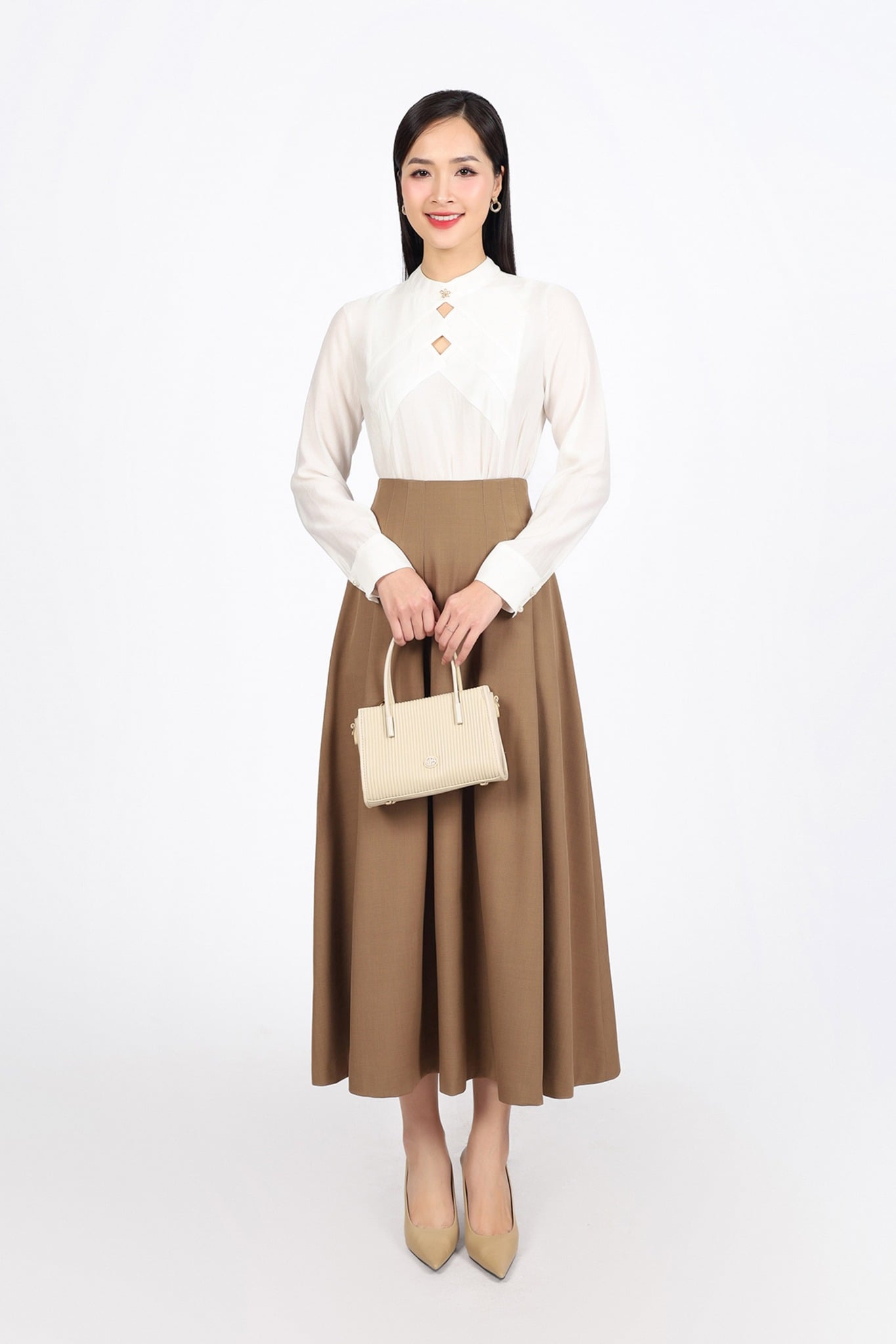 FJD51302 - Chân váy công sở vải thô đũi dáng A xòe thân vái xếp ly bong tạo xoè khóa thân sau - PANTIO