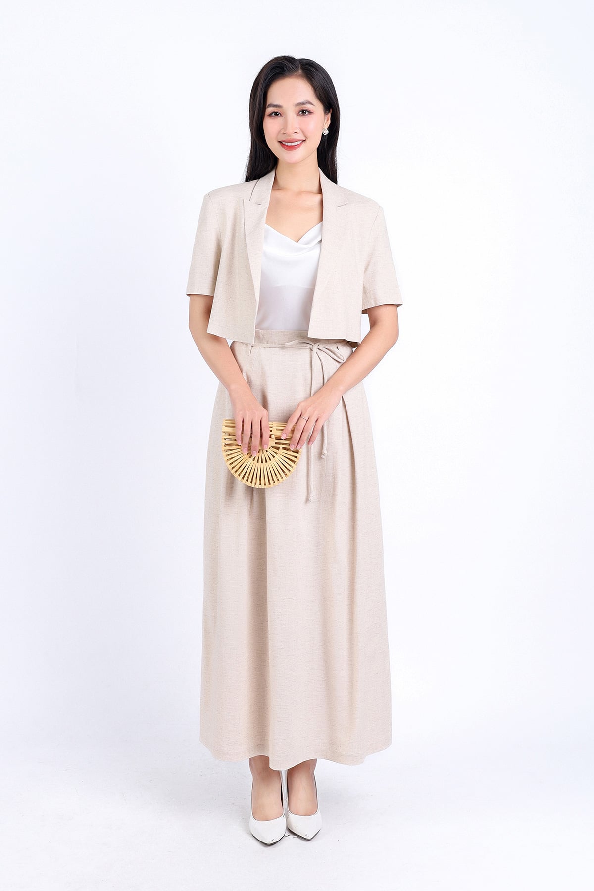 FJD51242 - Chân váy công sở vải Linen hai lớp lót habutai dáng suông dài cạp phối dây thắt eo tạo kiểu thân váy xếp ly bung nhẹ khoá thân sau - PANTIO