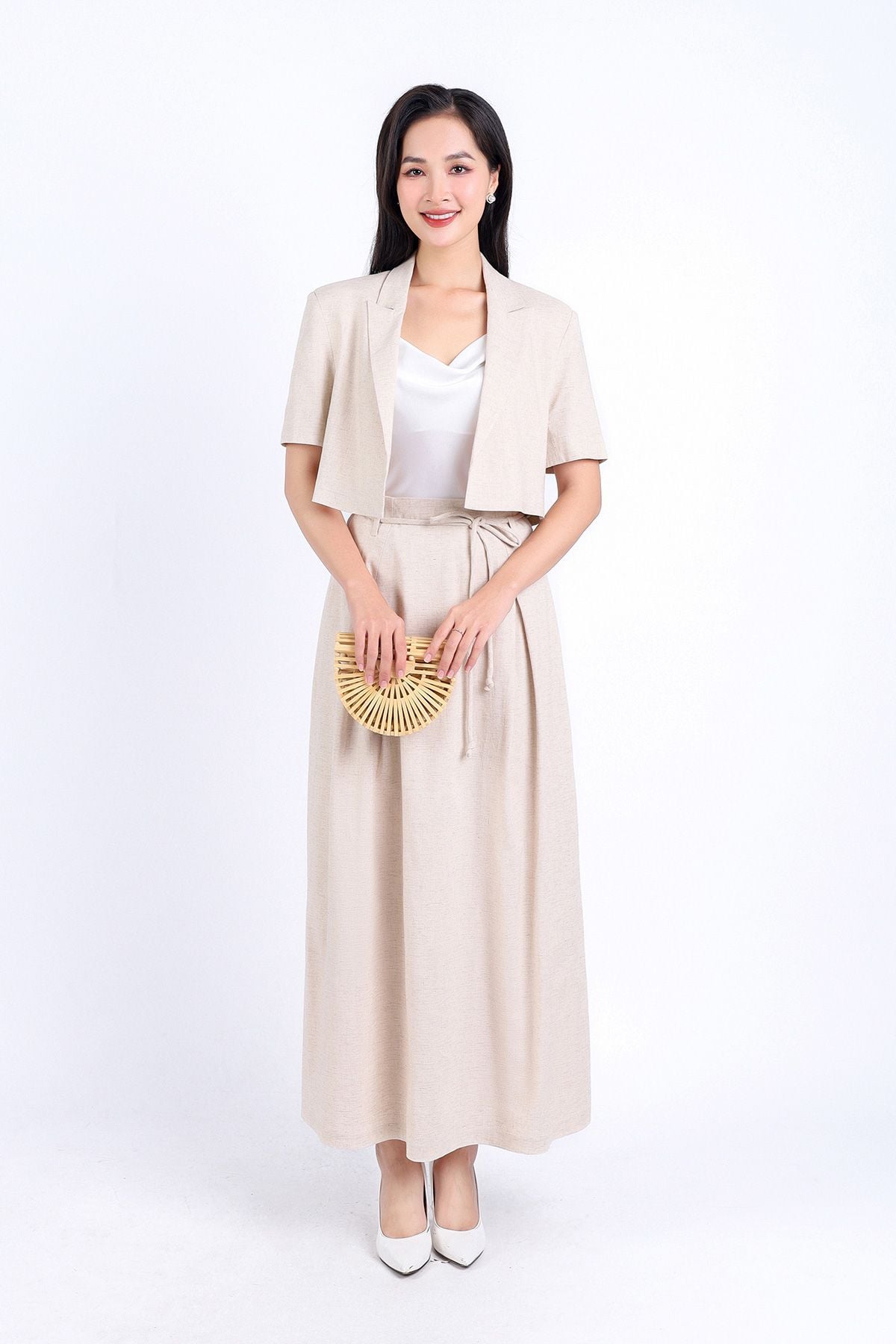 FAK71386 - Áo kiểu công sở vải Linen hai lớp lót habutai dáng lửng cổ hai ve tay ngắn - PANTIO