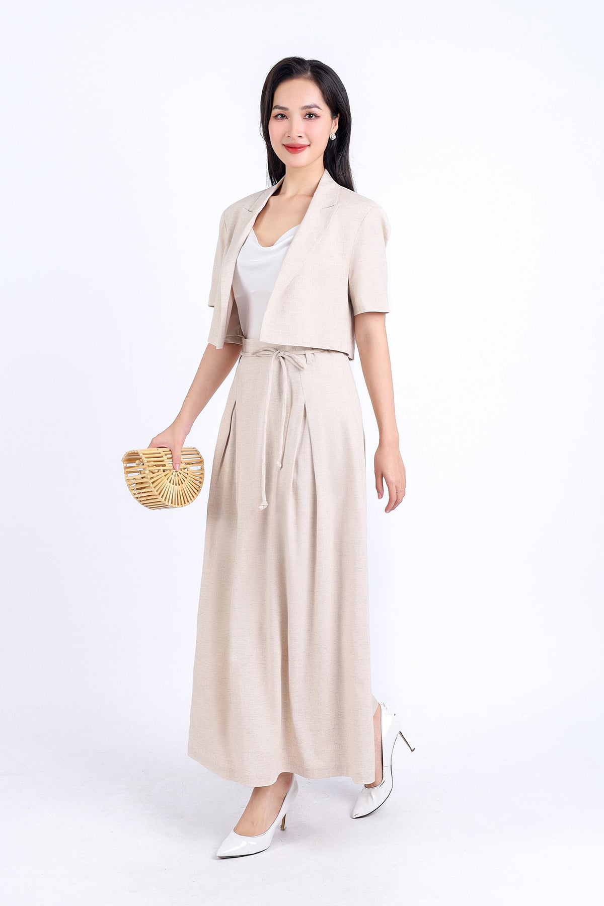 FJD51242 - Chân váy công sở vải Linen hai lớp lót habutai dáng suông dài cạp phối dây thắt eo tạo kiểu thân váy xếp ly bung nhẹ khoá thân sau - PANTIO