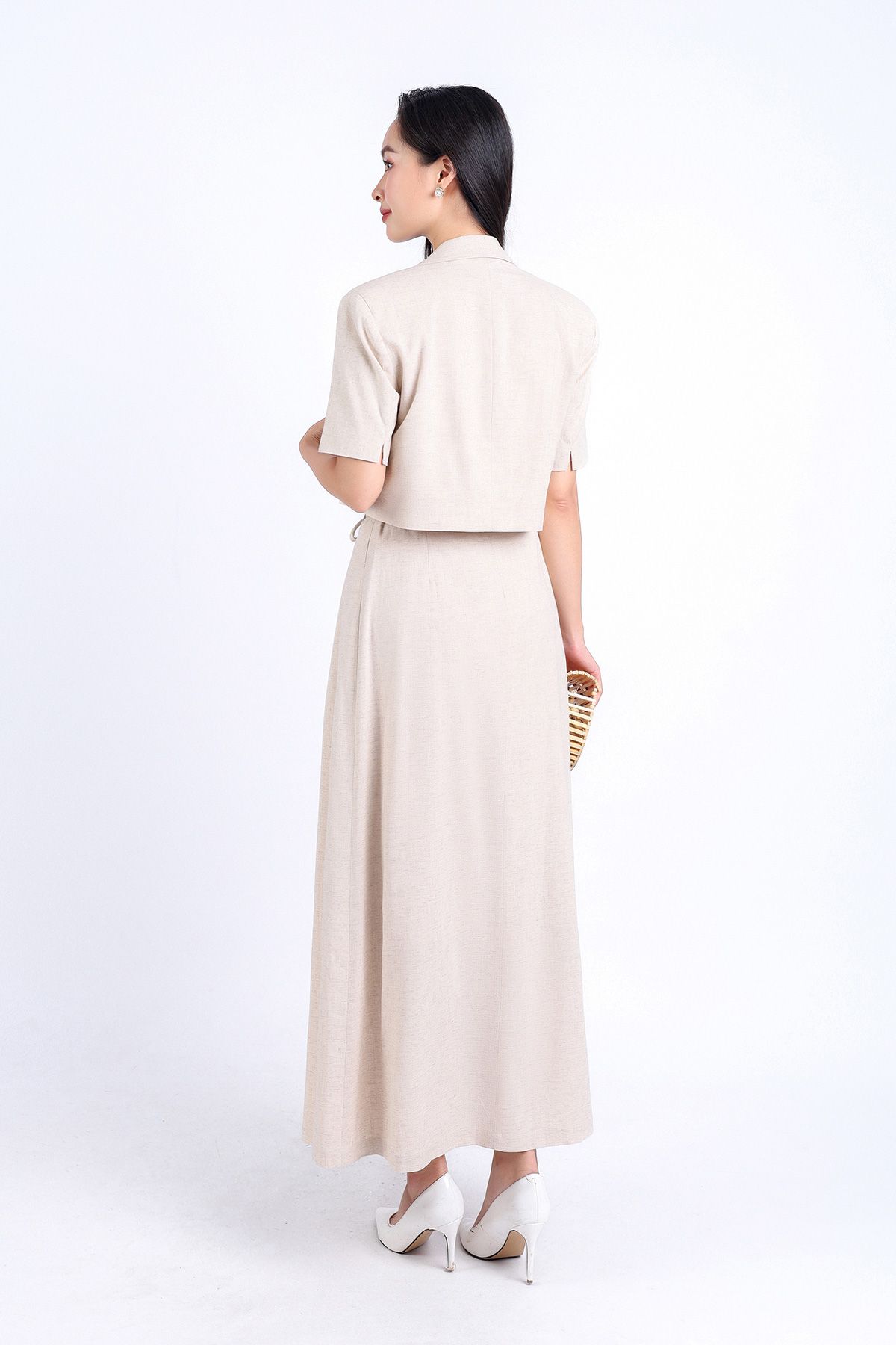 FAK71386 - Áo kiểu công sở vải Linen hai lớp lót habutai dáng lửng cổ hai ve tay ngắn - PANTIO