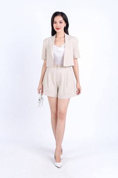 FAK71386 - Áo kiểu công sở vải Linen hai lớp lót habutai dáng lửng cổ hai ve tay ngắn - PANTIO