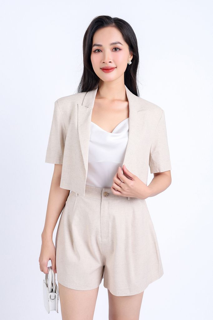 FAK71386 - Áo kiểu công sở vải Linen hai lớp lót habutai dáng lửng cổ hai ve tay ngắn - PANTIO