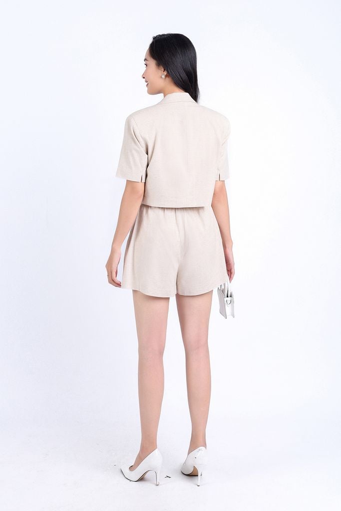 FAK71386 - Áo kiểu công sở vải Linen hai lớp lót habutai dáng lửng cổ hai ve tay ngắn - PANTIO