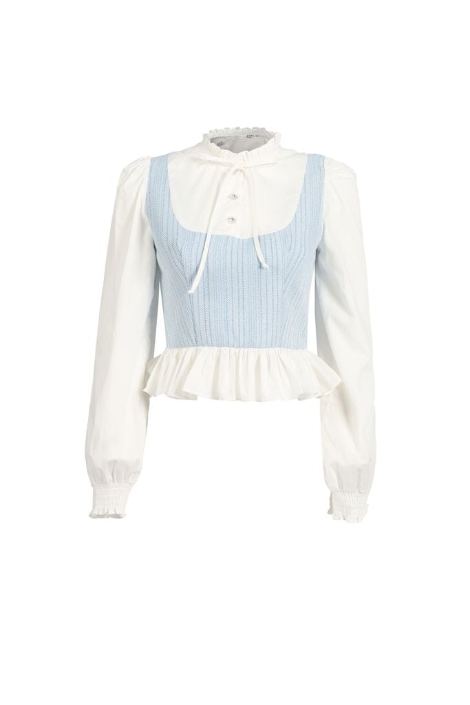 FAK91403 - Áo sơ mi kiểu dáng croptop, cổ tròn cao kẹp bèo, tay dài bồng xếp ly đỉnh vai, măng séc chạy chun, phối vải tạo hiệu ứng - JAN.