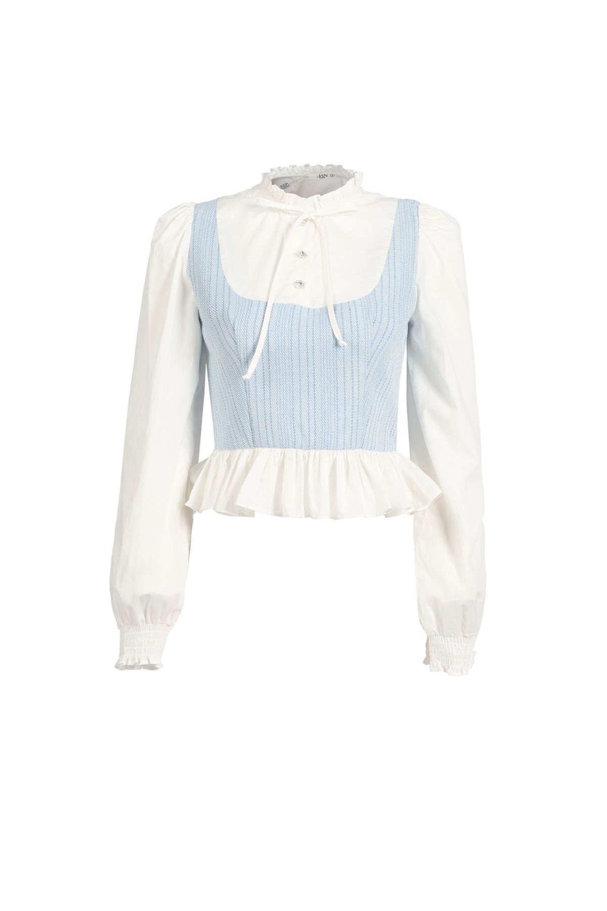 FAK91403 - Áo sơ mi kiểu dáng croptop, cổ tròn cao kẹp bèo, tay dài bồng xếp ly đỉnh vai, măng séc chạy chun, phối vải tạo hiệu ứng - JAN.