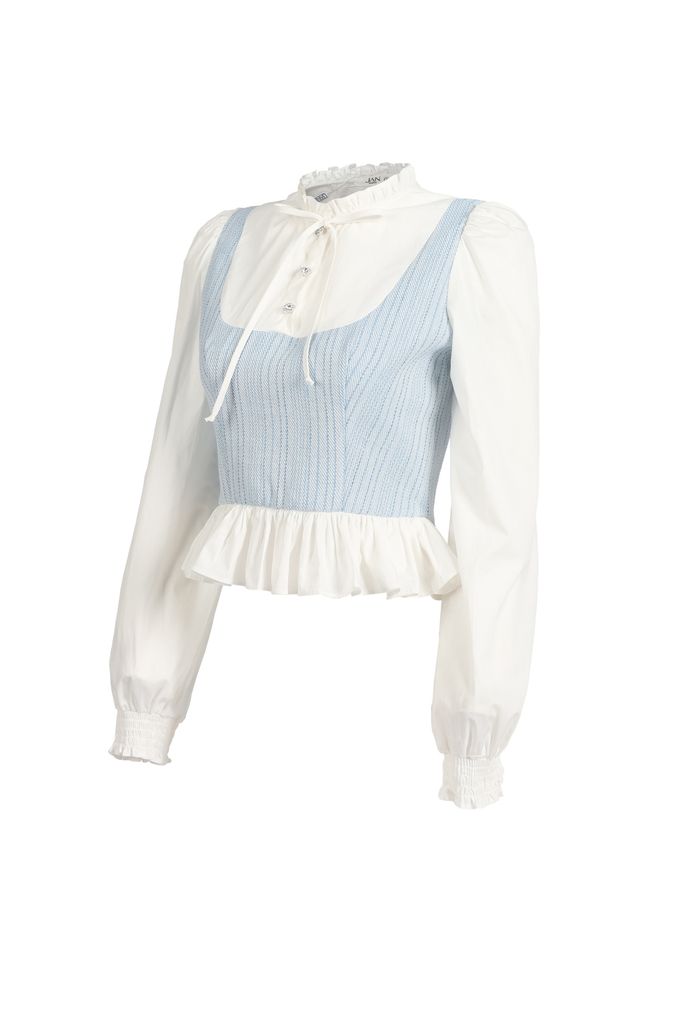 FAK91403 - Áo sơ mi kiểu dáng croptop, cổ tròn cao kẹp bèo, tay dài bồng xếp ly đỉnh vai, măng séc chạy chun, phối vải tạo hiệu ứng - JAN.