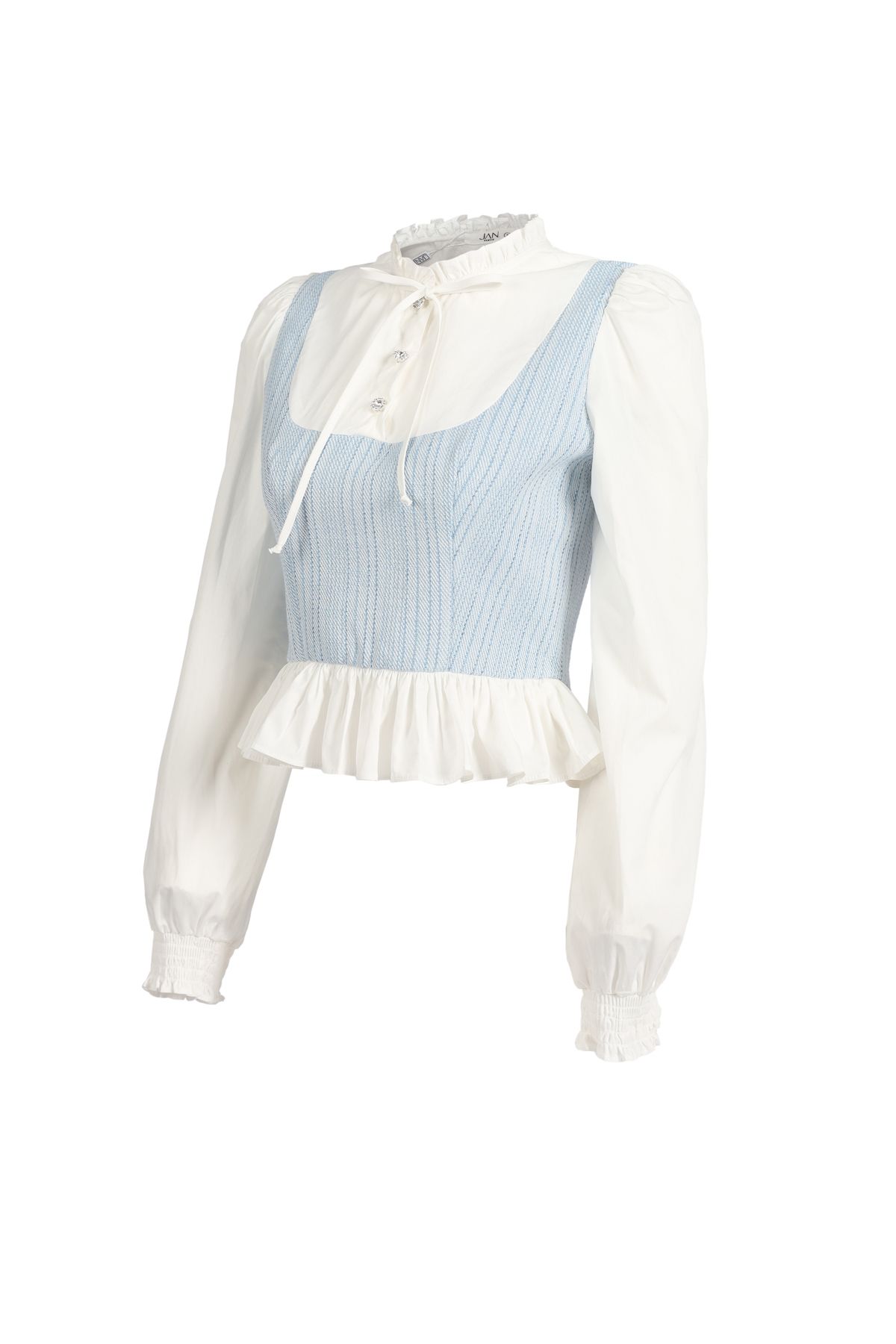 FAK91403 - Áo sơ mi kiểu dáng croptop, cổ tròn cao kẹp bèo, tay dài bồng xếp ly đỉnh vai, măng séc chạy chun, phối vải tạo hiệu ứng - JAN.