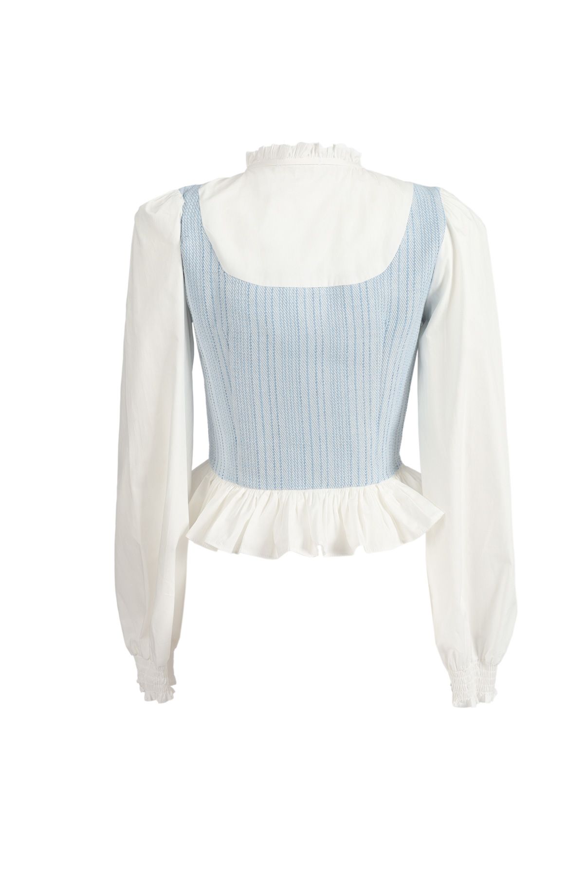 FAK91403 - Áo sơ mi kiểu dáng croptop, cổ tròn cao kẹp bèo, tay dài bồng xếp ly đỉnh vai, măng séc chạy chun, phối vải tạo hiệu ứng - JAN.