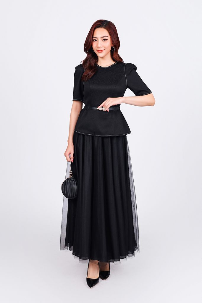 FAK91416 - Áo kiểu dạo phố vải thô dáng peplum cổ tròn vai bồng nhẹ khoá thân sau - PANTIO