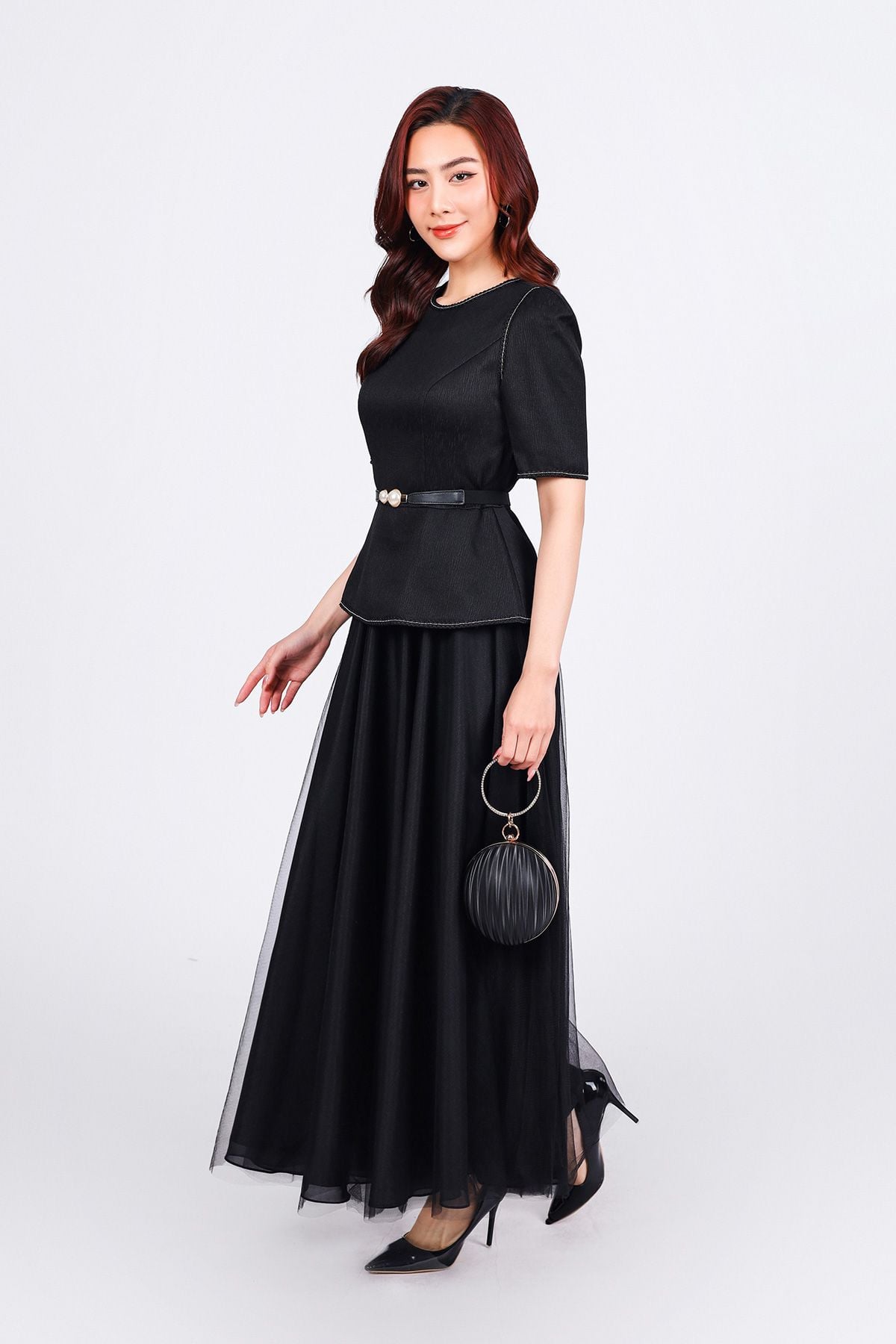 FAK91416 - Áo kiểu dạo phố vải thô dáng peplum cổ tròn vai bồng nhẹ khoá thân sau - PANTIO