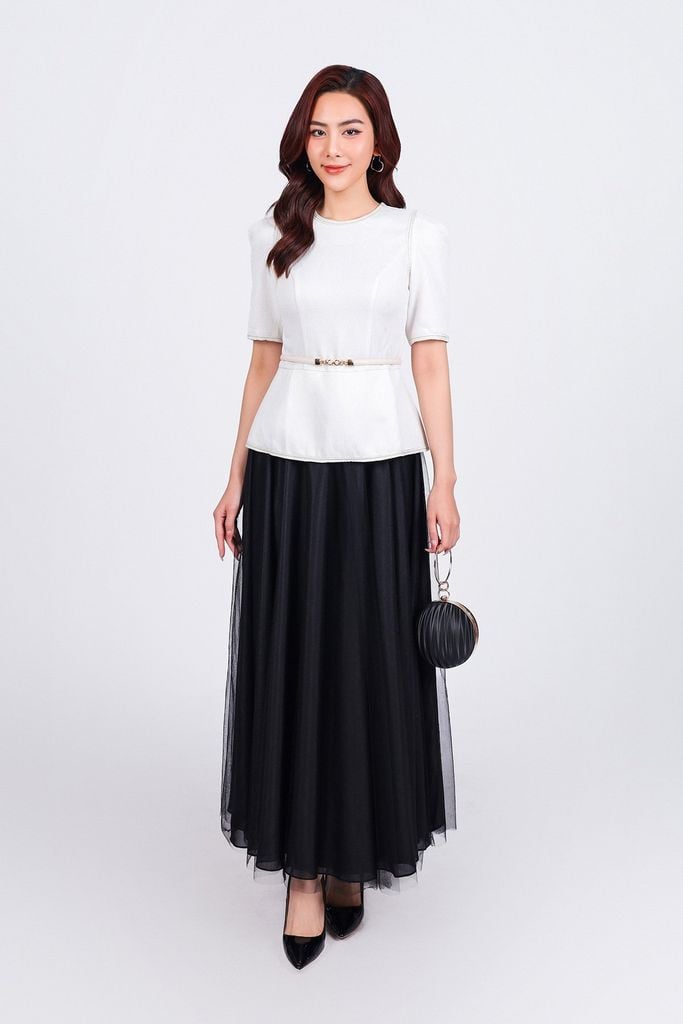 FAK91416 - Áo kiểu dạo phố vải thô dáng peplum cổ tròn vai bồng nhẹ khoá thân sau - PANTIO