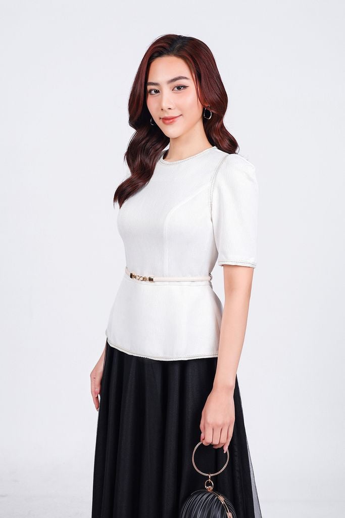 FAK91416 - Áo kiểu dạo phố vải thô dáng peplum cổ tròn vai bồng nhẹ khoá thân sau - PANTIO