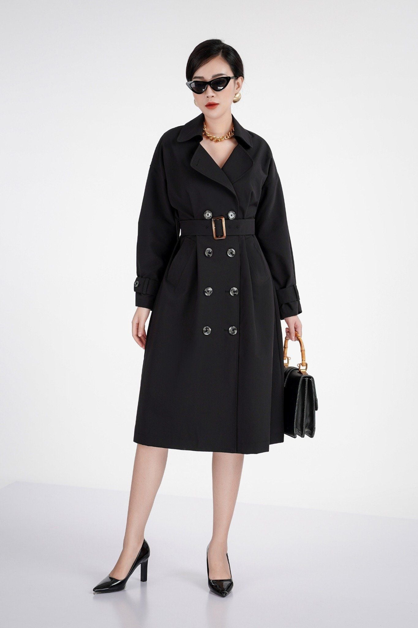 FAM9474 - Áo khoác măng tô cổ 2 ve chất liệu tapta đai eo - PANTIO