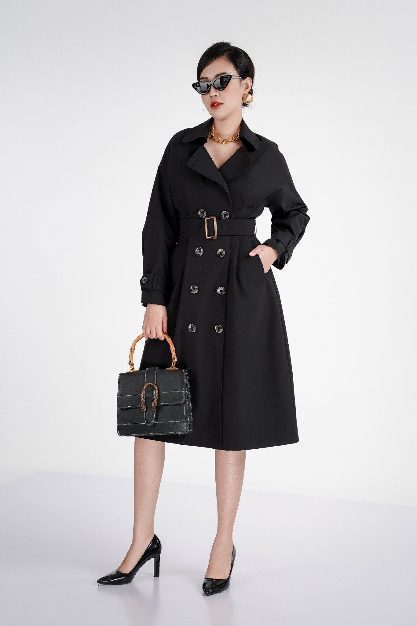 FAM9474 - Áo khoác măng tô cổ 2 ve chất liệu tapta đai eo - PANTIO