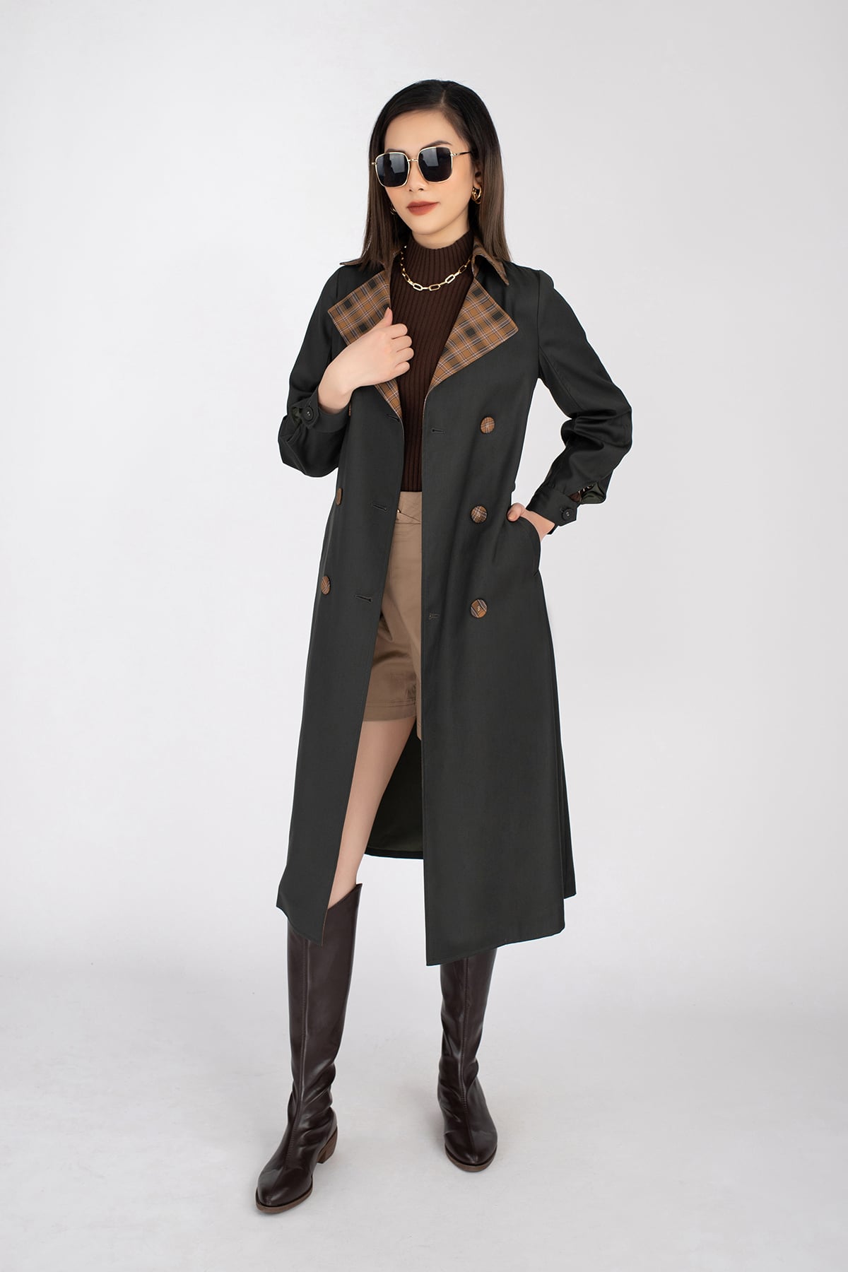 Áo măng-tô chất liệu kaki dáng dài cổ 2 ve, cúc cài dài tay FAM9481 - PANTIO