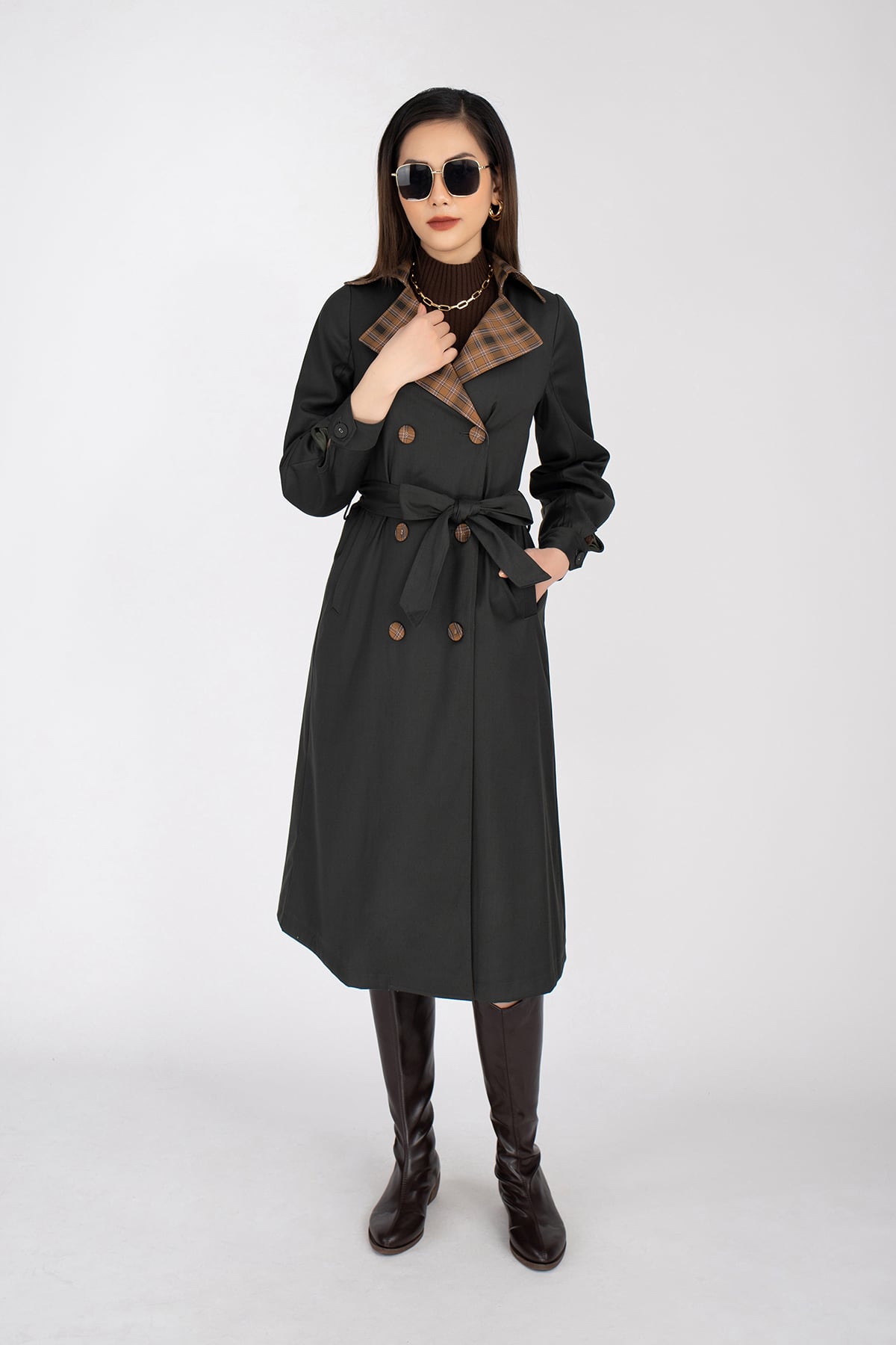 Áo măng-tô chất liệu kaki dáng dài cổ 2 ve, cúc cài dài tay FAM9481 - PANTIO