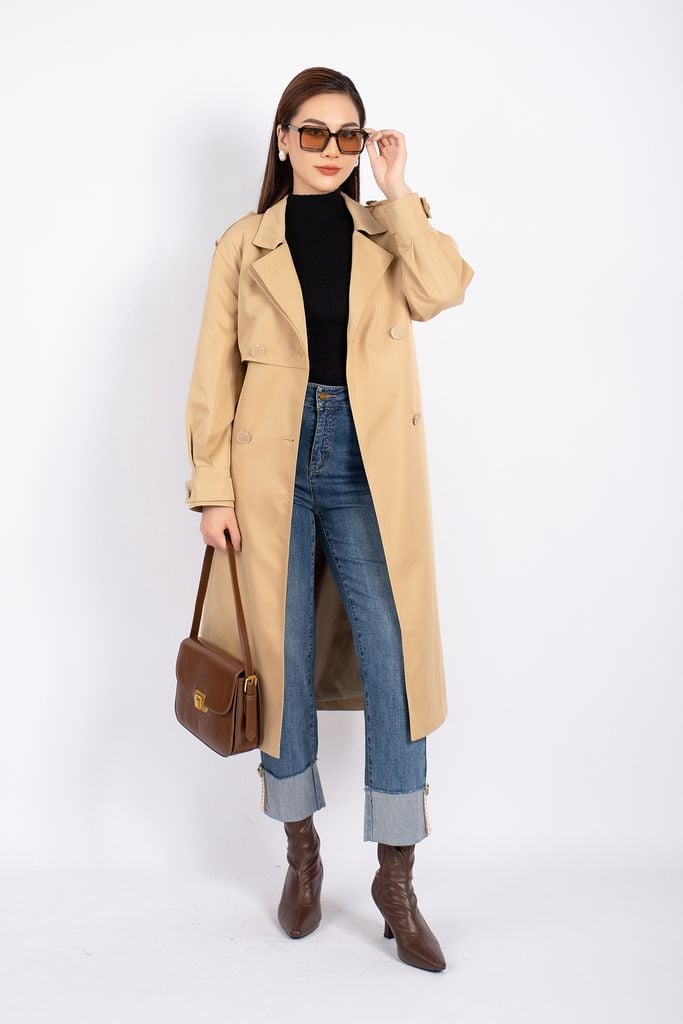 FAM9511 - Áo khoác mangto vải kaki dáng suông cổ hai ve phối khuy kèm dây buộc đai kiểu - PANTIO