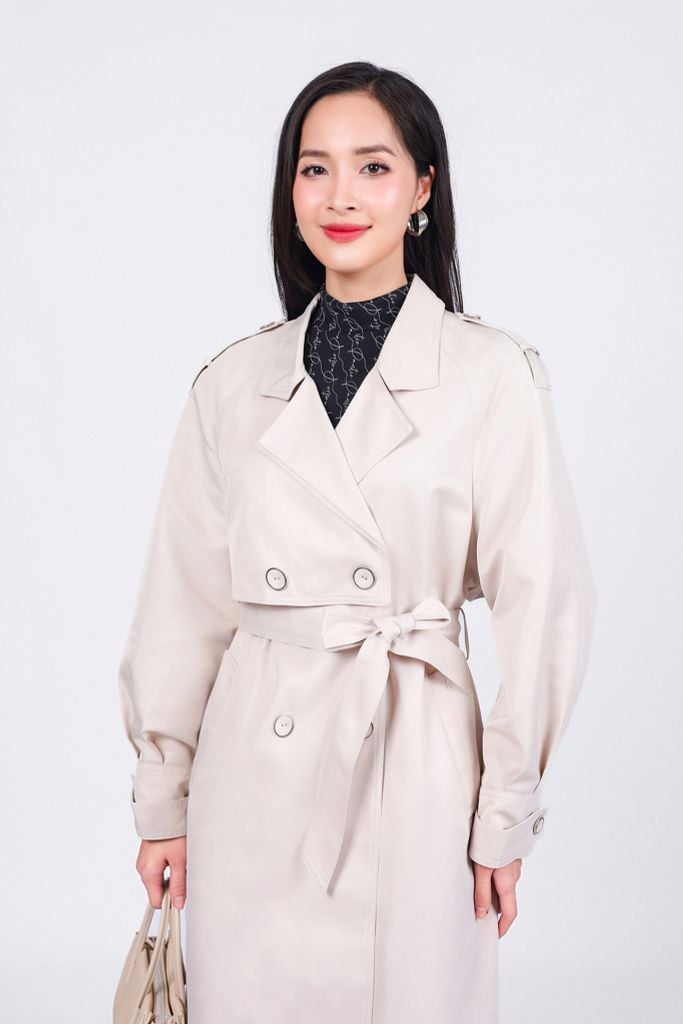 FAM9511 - Áo khoác mangto vải kaki dáng suông cổ hai ve phối khuy kèm dây buộc đai kiểu - PANTIO