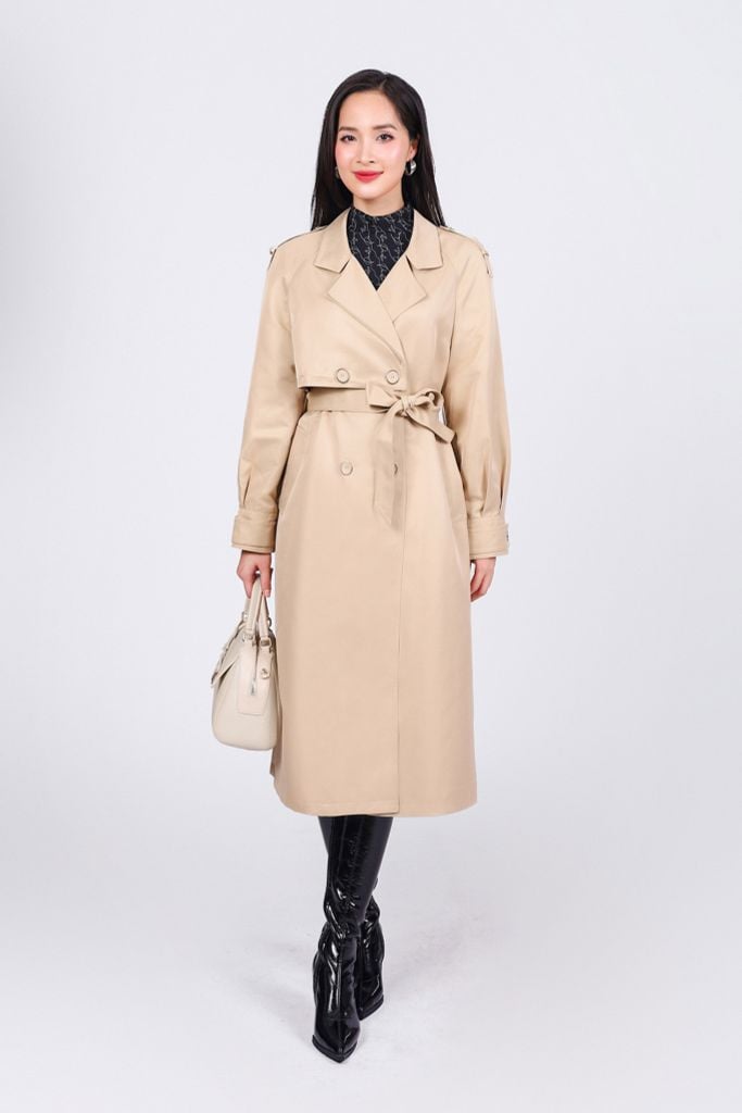 FAM9511 - Áo khoác mangto vải kaki dáng suông cổ hai ve phối khuy kèm dây buộc đai kiểu - PANTIO