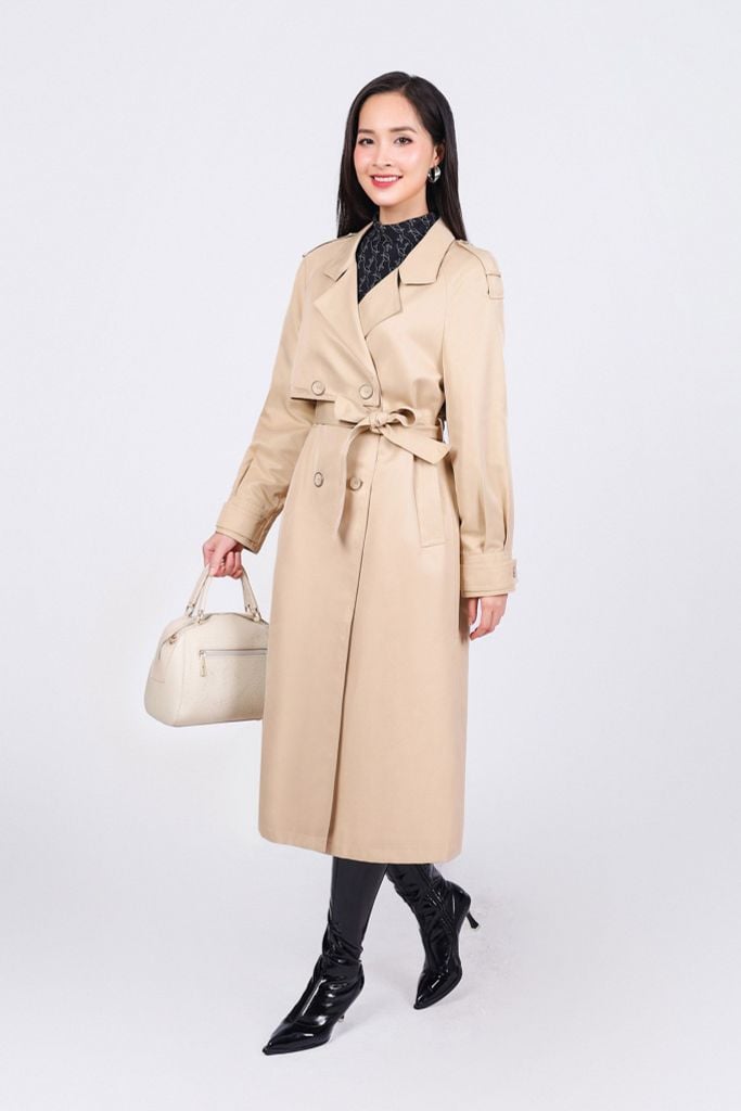 FAM9511 - Áo khoác mangto vải kaki dáng suông cổ hai ve phối khuy kèm dây buộc đai kiểu - PANTIO