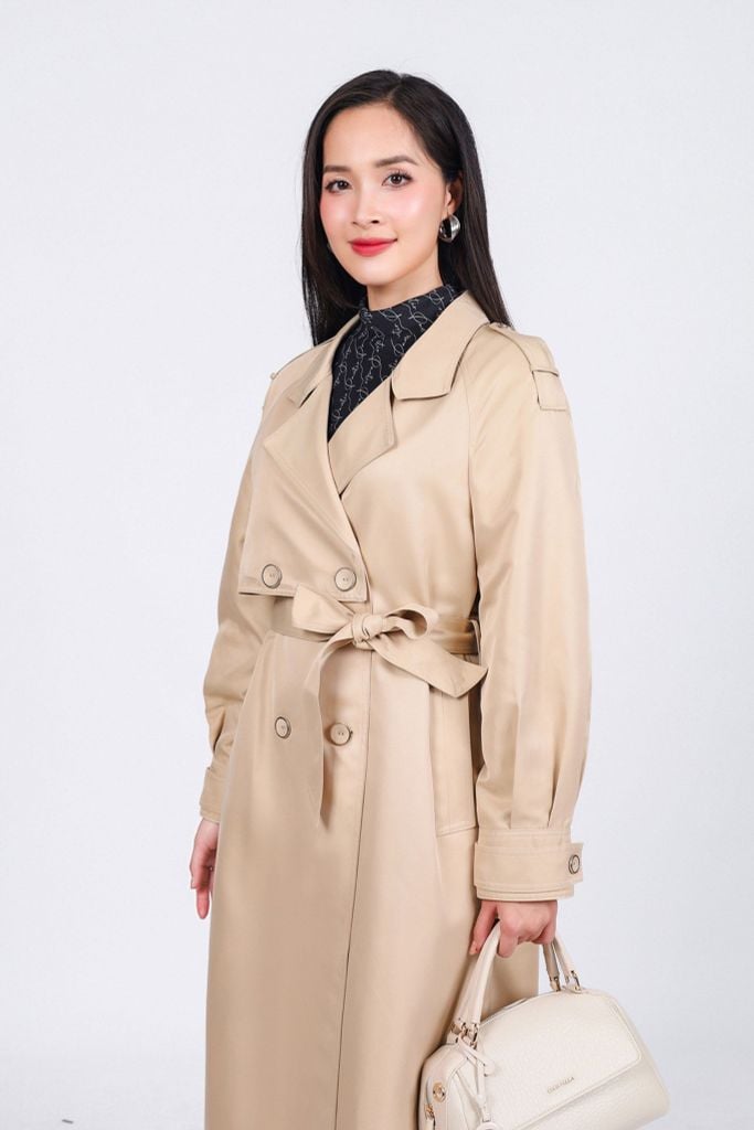 FAM9511 - Áo khoác mangto vải kaki dáng suông cổ hai ve phối khuy kèm dây buộc đai kiểu - PANTIO