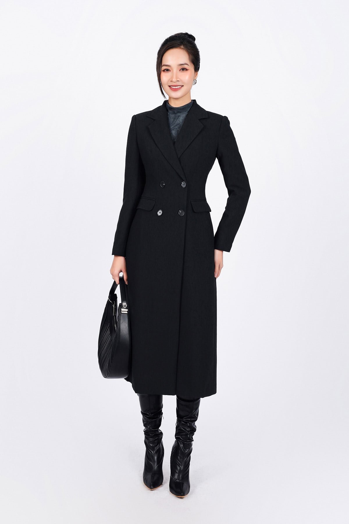 FAM9524 - Áo khoác mangto vải thô dày dáng ôm cổ hai ve thân áo đính nắp túi ốp tạo kiểu - PANTIO