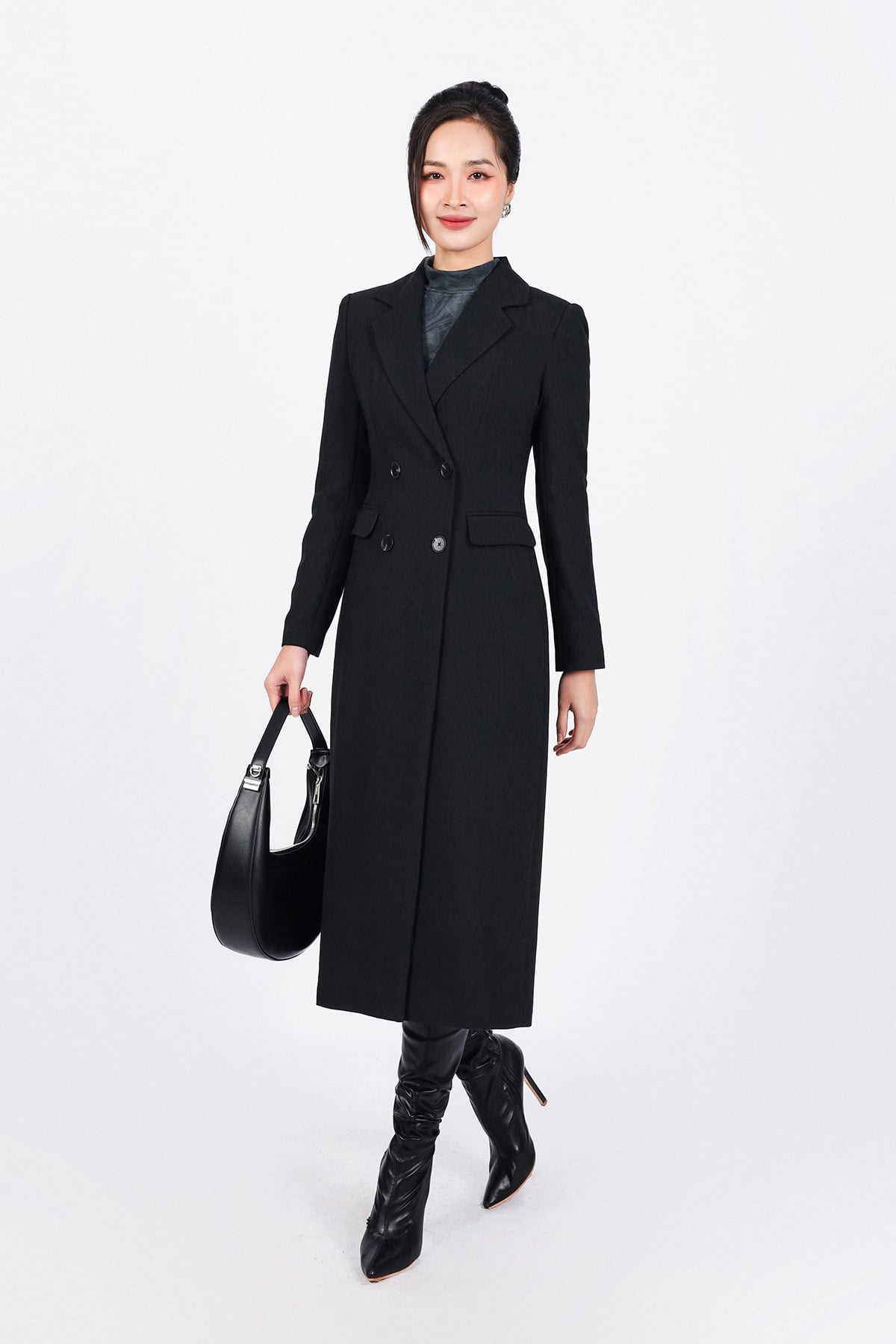 FAM9524 - Áo khoác mangto vải thô dày dáng ôm cổ hai ve thân áo đính nắp túi ốp tạo kiểu - PANTIO