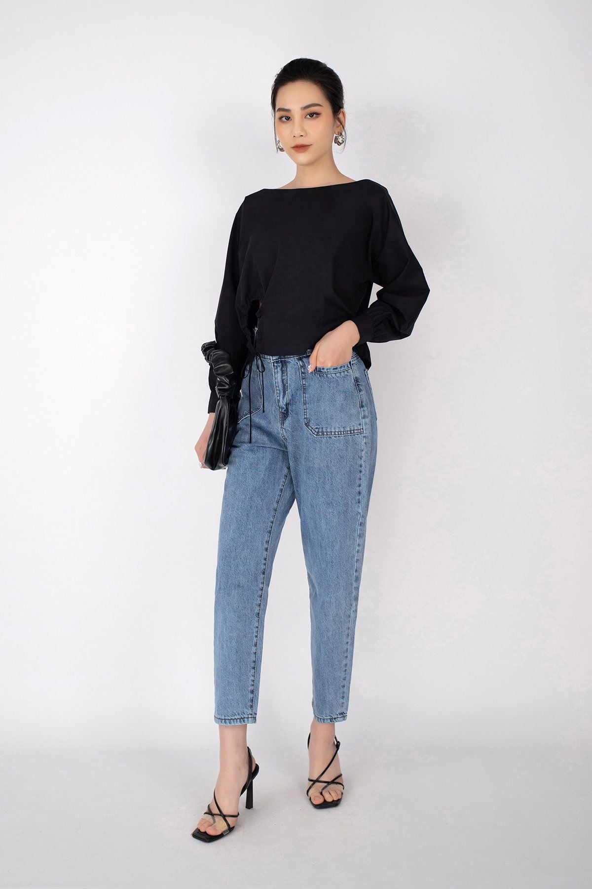 FAS13150 - Áo sơ mi dạo phố vải thô dáng suông cổ thuyền rút tròn cách điệu eo thân trước - PANTIO