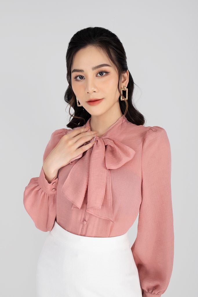 FAS13167 - Áo sơ mi công sở vải chiffon dáng suông cổ buộc nơ khuy bọc cài khuyết dây - PANTIO