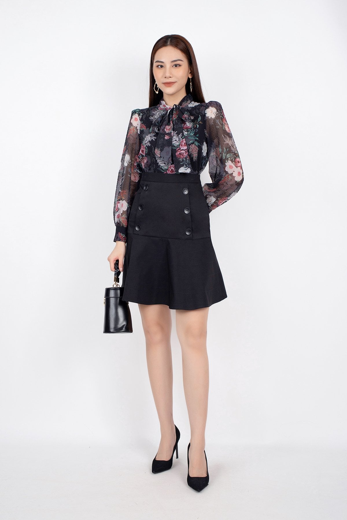 FJN9649 - Chân váy midi vải kaki dáng ôm chân Xoè đuôi cá đính khuy trang trí - PANTIO